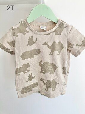 🪴5/$30 H&M 2T Toddler Boy Girl Safari Animals Neutral Tan Beige T-Shirt Summer